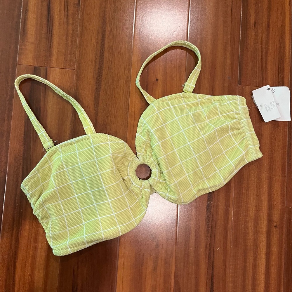 Roxy Bikini Top Plaid Grid Lime Green White Textured O-Ring Swim NWOT Size XL